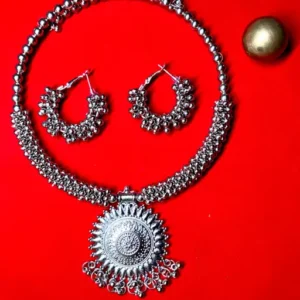 Afghani Oxidised Combo Chain Pendant Necklace Set for Girls & Women, Silver