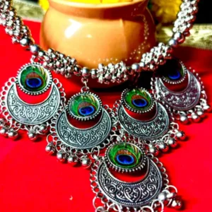 Silver Oxidized Zircon Peacock Feather Design Necklace And Earrings Set For Women