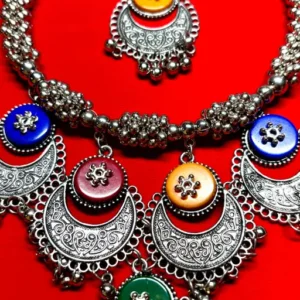 Afghani Oxidised Combo Chain Pendant Necklace Set for Girls & Women, Silver