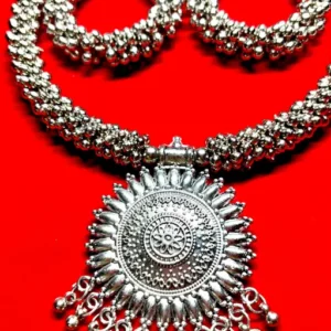 Afghani Oxidised Combo Chain Pendant Necklace Set for Girls & Women, Silver